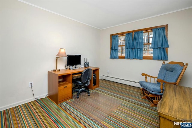 carpeted office featuring a baseboard heating unit, ornamental molding, and baseboards