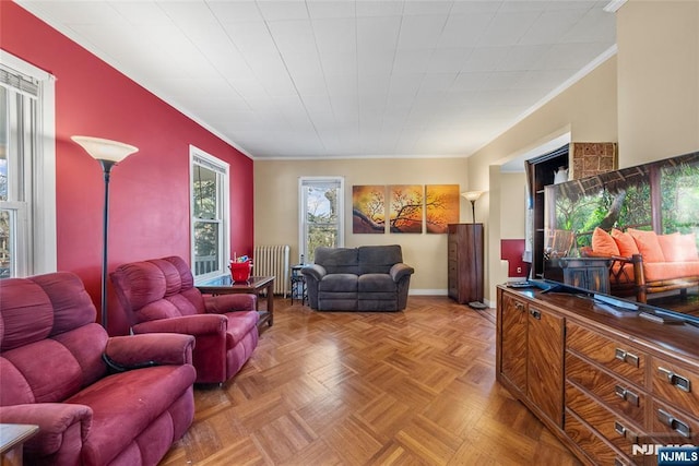 living room featuring radiator, baseboards, and ornamental molding