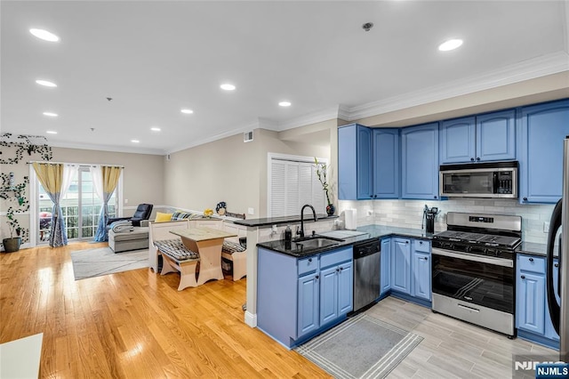 kitchen featuring blue cabinets, a peninsula, appliances with stainless steel finishes, and a sink