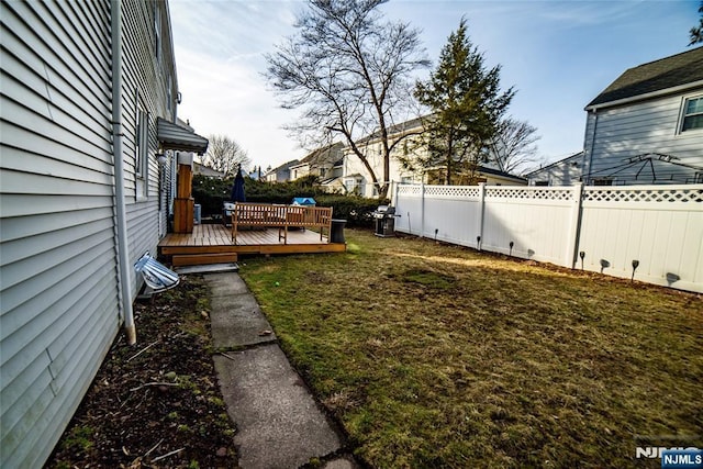 view of yard featuring a fenced backyard and a wooden deck