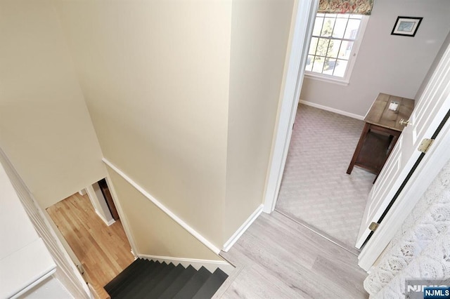 staircase with wood finished floors and baseboards