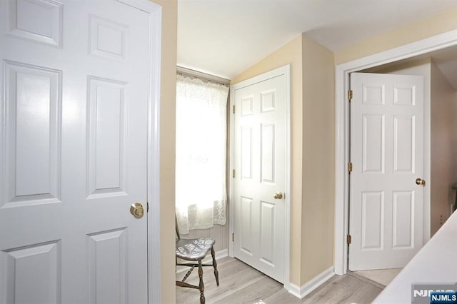 hall with lofted ceiling, plenty of natural light, light wood-style flooring, and baseboards