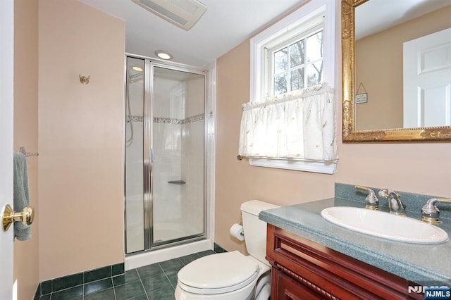 full bathroom featuring a stall shower, vanity, visible vents, and tile patterned floors