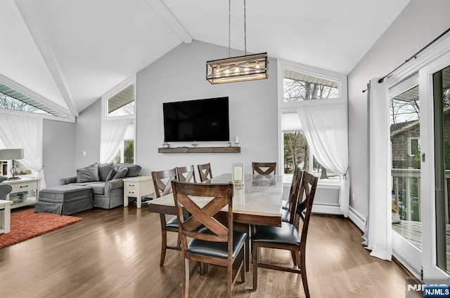 dining room with a wealth of natural light, beam ceiling, and wood finished floors