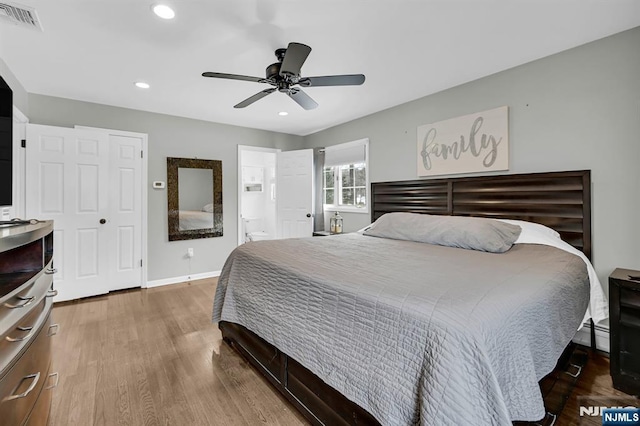 bedroom featuring recessed lighting, visible vents, ceiling fan, wood finished floors, and baseboards