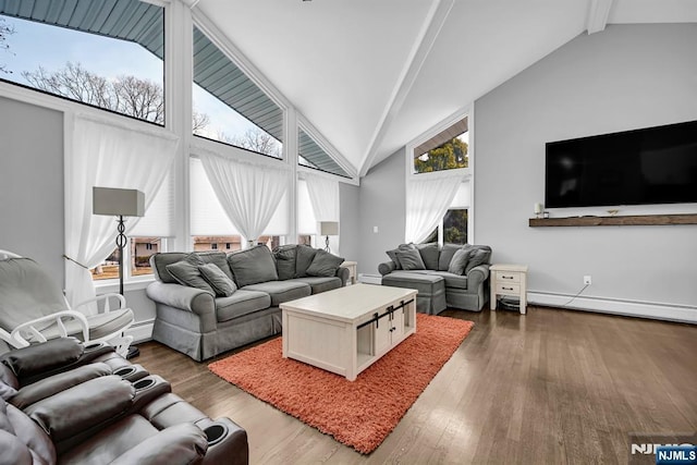 living area featuring high vaulted ceiling, a baseboard radiator, wood finished floors, and a healthy amount of sunlight