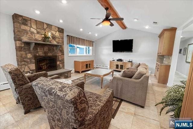 living area featuring lofted ceiling with beams, ceiling fan, a baseboard heating unit, a fireplace, and visible vents