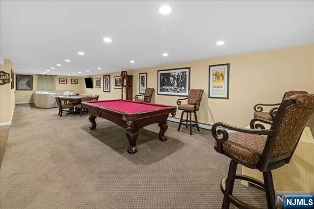 recreation room featuring carpet floors, pool table, and recessed lighting