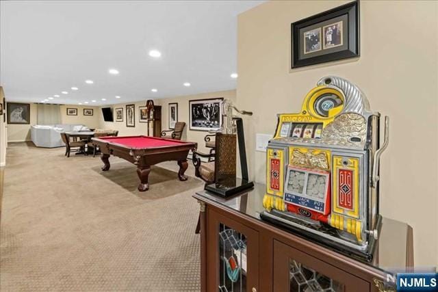 rec room featuring carpet, pool table, and recessed lighting