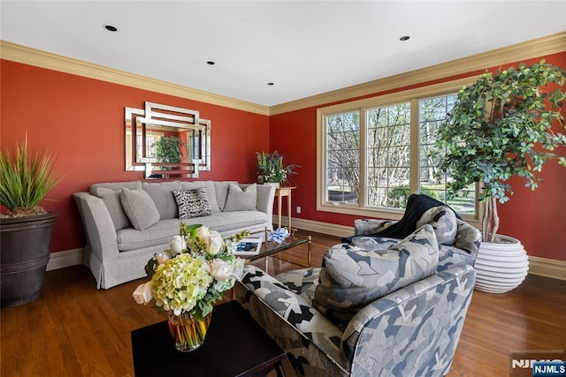 85 Buckhaven Hl, Upper Saddle River, NJ 07458 - living area featuring baseboards, wood finished floors, and crown molding