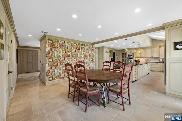 85 Buckhaven Hl, Upper Saddle River, NJ 07458 - dining space featuring crown molding, recessed lighting, and light stone finish floors