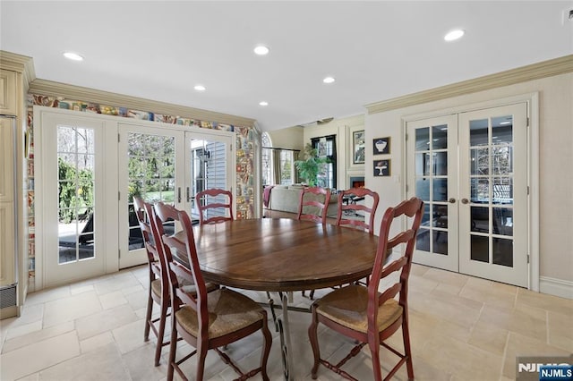 85 Buckhaven Hl, Upper Saddle River, NJ 07458 - dining room featuring french doors, healthy amount of natural light, stone tile floors, recessed lighting, and ornamental molding