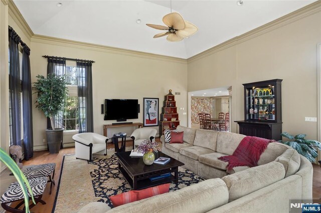 85 Buckhaven Hl, Upper Saddle River, NJ 07458 - living room featuring wood finished floors, ceiling fan, high vaulted ceiling, crown molding, and a baseboard radiator