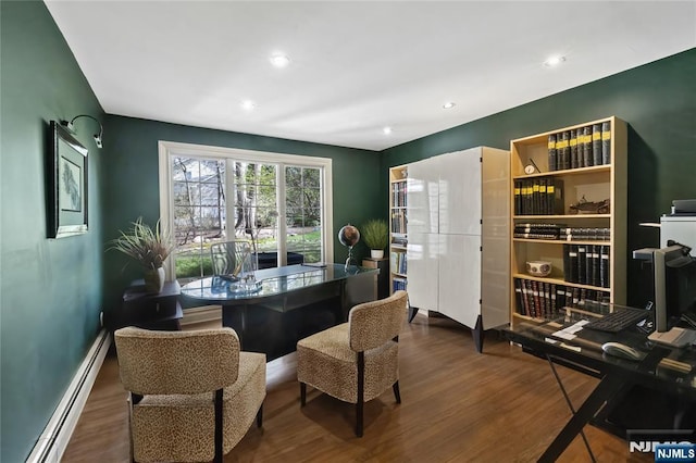 85 Buckhaven Hl, Upper Saddle River, NJ 07458 - home office with a baseboard heating unit, wood finished floors, and recessed lighting