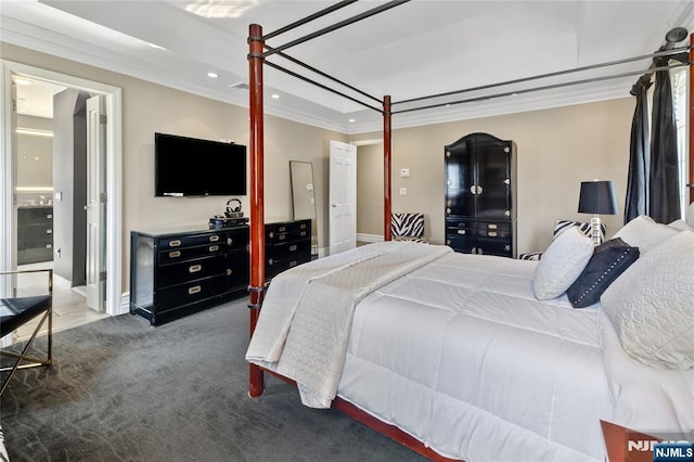 85 Buckhaven Hl, Upper Saddle River, NJ 07458 - carpeted bedroom featuring crown molding, recessed lighting, a tray ceiling, and baseboards