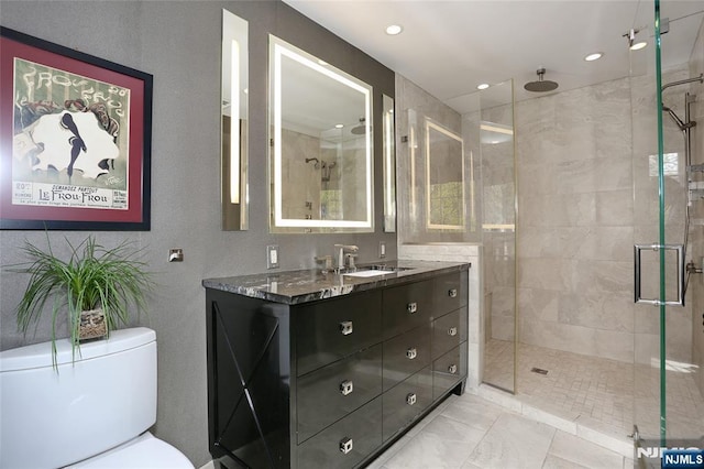 85 Buckhaven Hl, Upper Saddle River, NJ 07458 - full bath with a shower stall, toilet, vanity, and recessed lighting