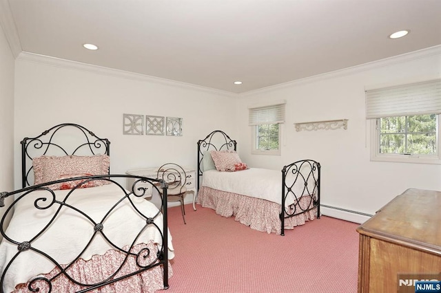 85 Buckhaven Hl, Upper Saddle River, NJ 07458 - carpeted bedroom with a baseboard radiator, ornamental molding, and recessed lighting