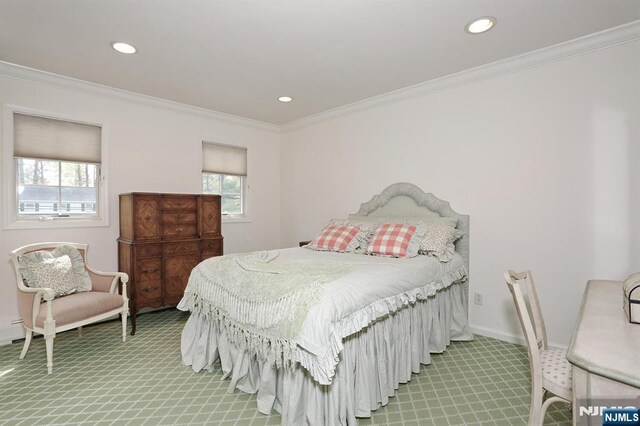 85 Buckhaven Hl, Upper Saddle River, NJ 07458 - carpeted bedroom featuring multiple windows, ornamental molding, recessed lighting, and baseboards