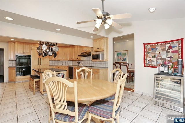 dining space with recessed lighting, wine cooler, a ceiling fan, and light tile patterned flooring