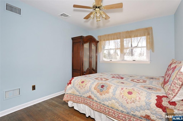 bedroom featuring dark wood-type flooring, visible vents, and baseboards