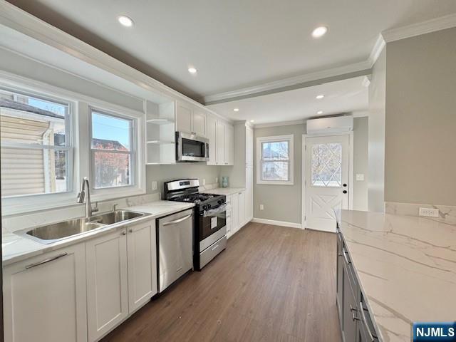 kitchen with a sink, a wall mounted AC, ornamental molding, appliances with stainless steel finishes, and wood finished floors