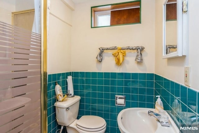 full bathroom featuring toilet, a wainscoted wall, a shower stall, and a sink