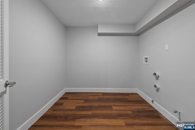 washroom featuring laundry area, baseboards, dark wood finished floors, hookup for a gas dryer, and hookup for a washing machine