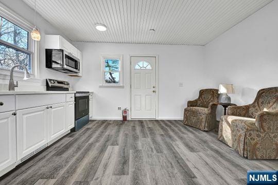 kitchen featuring stainless steel appliances, light countertops, dark wood finished floors, and white cabinetry