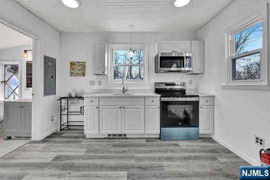 kitchen with light wood-style flooring, stainless steel appliances, a sink, visible vents, and electric panel