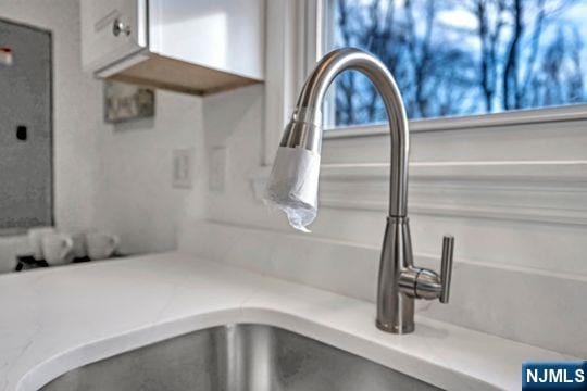 details featuring white cabinetry, light countertops, and a sink