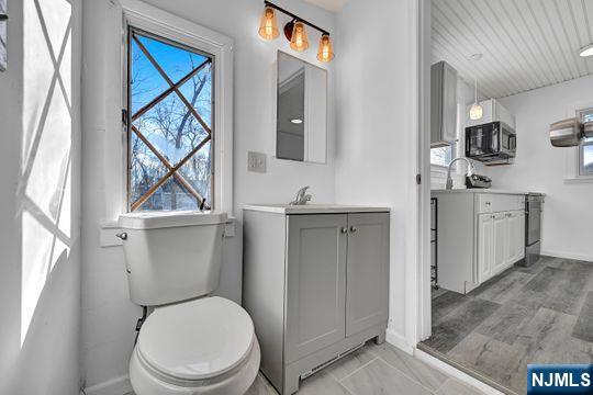 bathroom with a healthy amount of sunlight, vanity, toilet, and wood finished floors