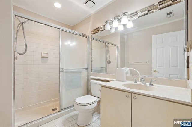 full bath with a stall shower, visible vents, toilet, and tile patterned floors