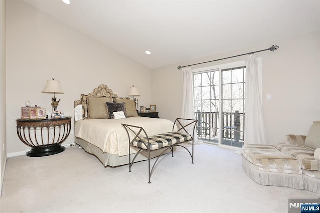 carpeted bedroom with vaulted ceiling, access to outside, baseboards, and recessed lighting