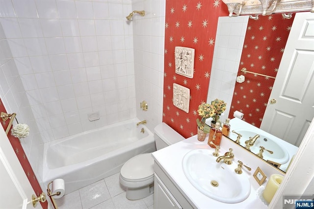 full bath featuring shower / bath combination, wallpapered walls, toilet, tile patterned flooring, and vanity