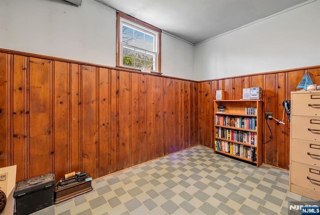 interior space featuring light floors, wainscoting, and wooden walls