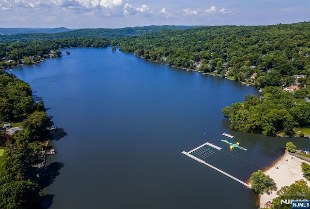 aerial view with a water view and a wooded view