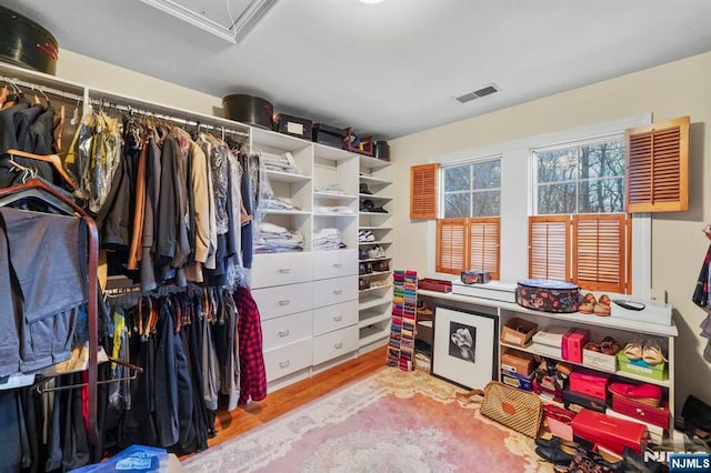 walk in closet with visible vents and wood finished floors