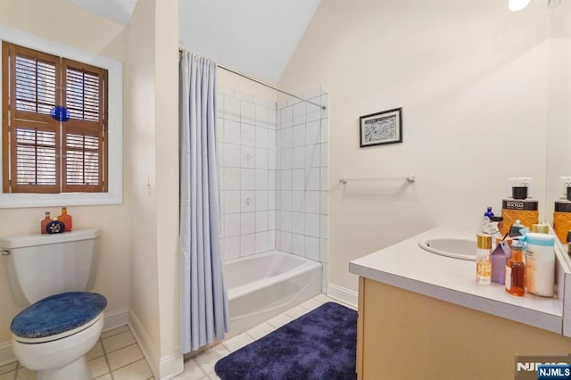 full bath with lofted ceiling, tile patterned flooring, and toilet