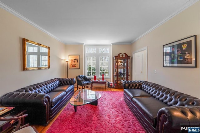 living area featuring crown molding and wood finished floors