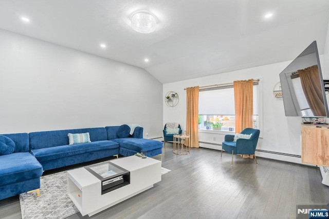 living room featuring lofted ceiling, a baseboard radiator, wood finished floors, and recessed lighting