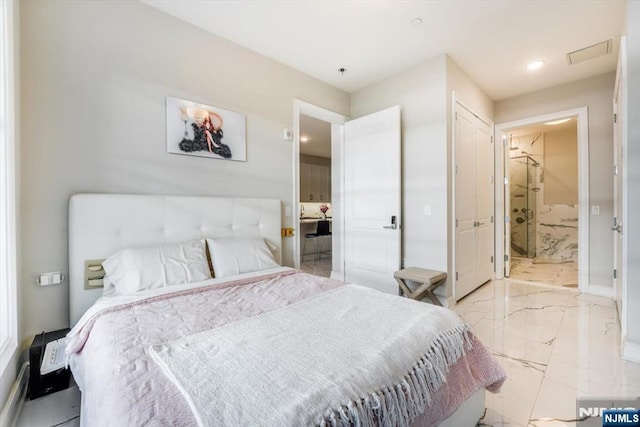 bedroom with visible vents, marble finish floor, ensuite bathroom, recessed lighting, and baseboards