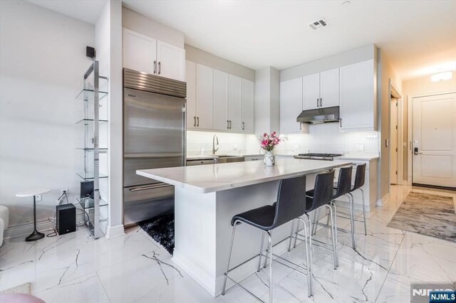 kitchen with a sink, decorative backsplash, built in fridge, under cabinet range hood, and marble finish floor