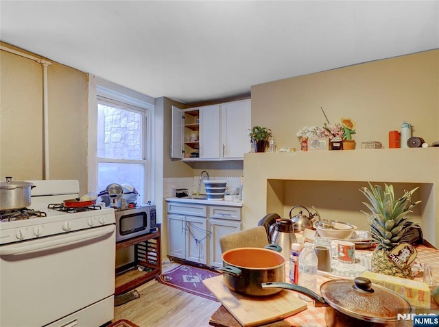 5 Elm St, Newark, NJ 07102 - kitchen with white gas stove, stainless steel microwave, light wood-style flooring, open shelves, and light countertops