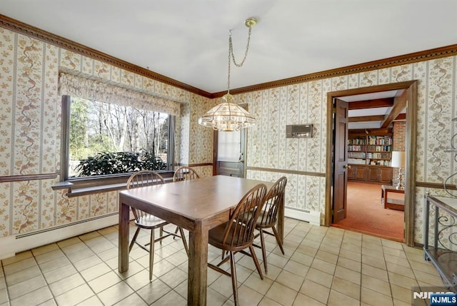 dining space featuring wallpapered walls, light tile patterned floors, and baseboard heating