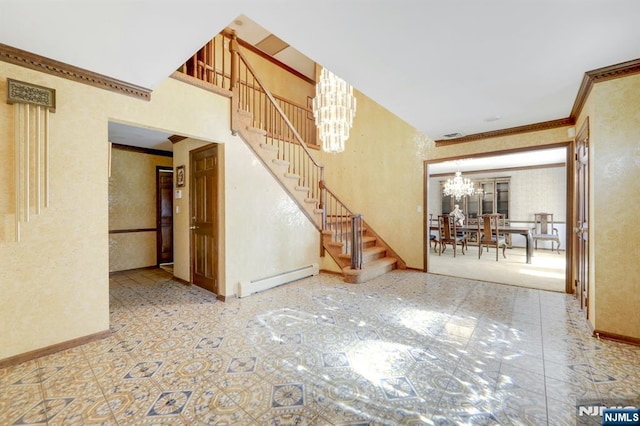 unfurnished living room featuring a chandelier, baseboard heating, stairs, and baseboards