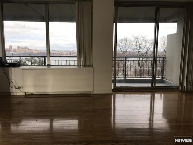 empty room featuring hardwood / wood-style floors and a city view