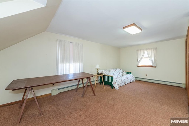 carpeted bedroom featuring a baseboard heating unit and lofted ceiling