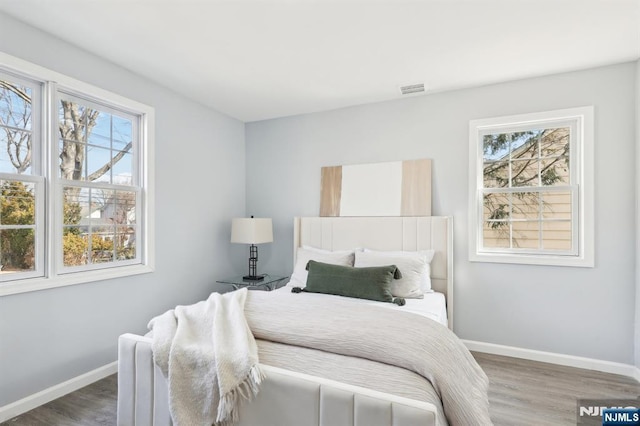 bedroom featuring multiple windows, wood finished floors, and baseboards