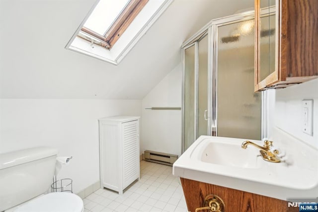 full bathroom featuring tile patterned flooring, a shower stall, toilet, baseboard heating, and vaulted ceiling with skylight