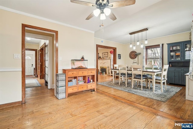 dining area featuring light wood-style flooring, a ceiling fan, and ornamental molding